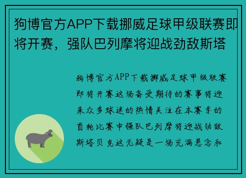 狗博官方APP下载挪威足球甲级联赛即将开赛，强队巴列摩将迎战劲敌斯塔贝克