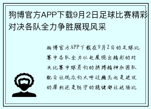 狗博官方APP下载9月2日足球比赛精彩对决各队全力争胜展现风采