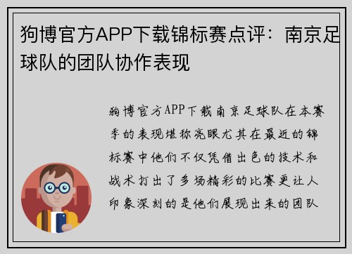 狗博官方APP下载锦标赛点评：南京足球队的团队协作表现