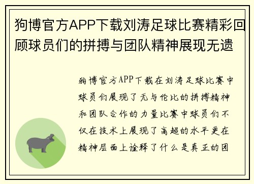 狗博官方APP下载刘涛足球比赛精彩回顾球员们的拼搏与团队精神展现无遗